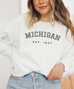 Michigan Themed Collegiate Text Crewneck Sweatshirt, Michigan Est. Shirt, Michigan Gifts For College Students