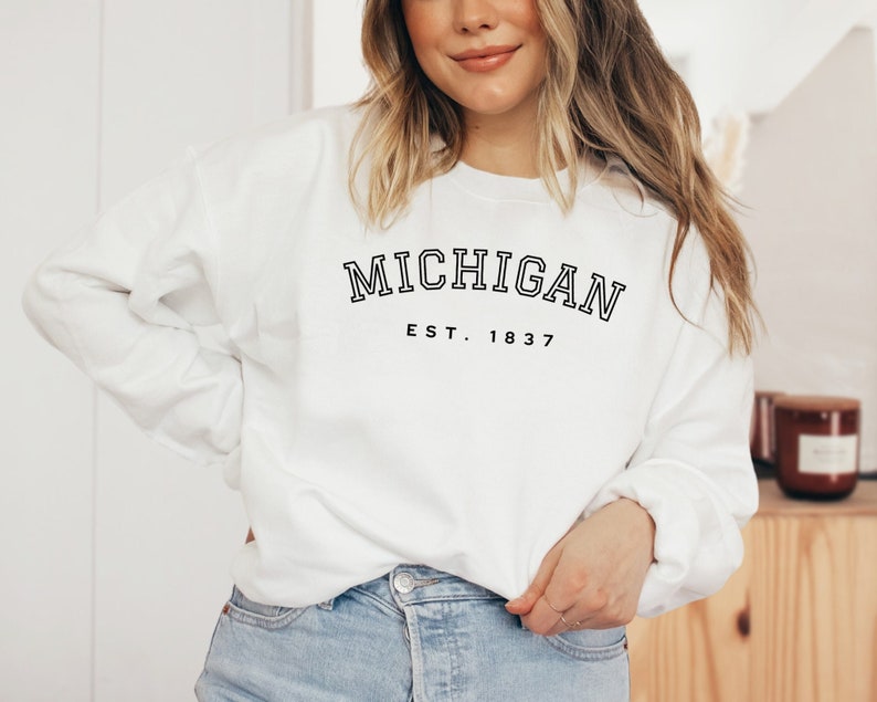 Michigan Themed Collegiate Text Crewneck Sweatshirt, Michigan Est. Shirt, Michigan Gifts For College Students