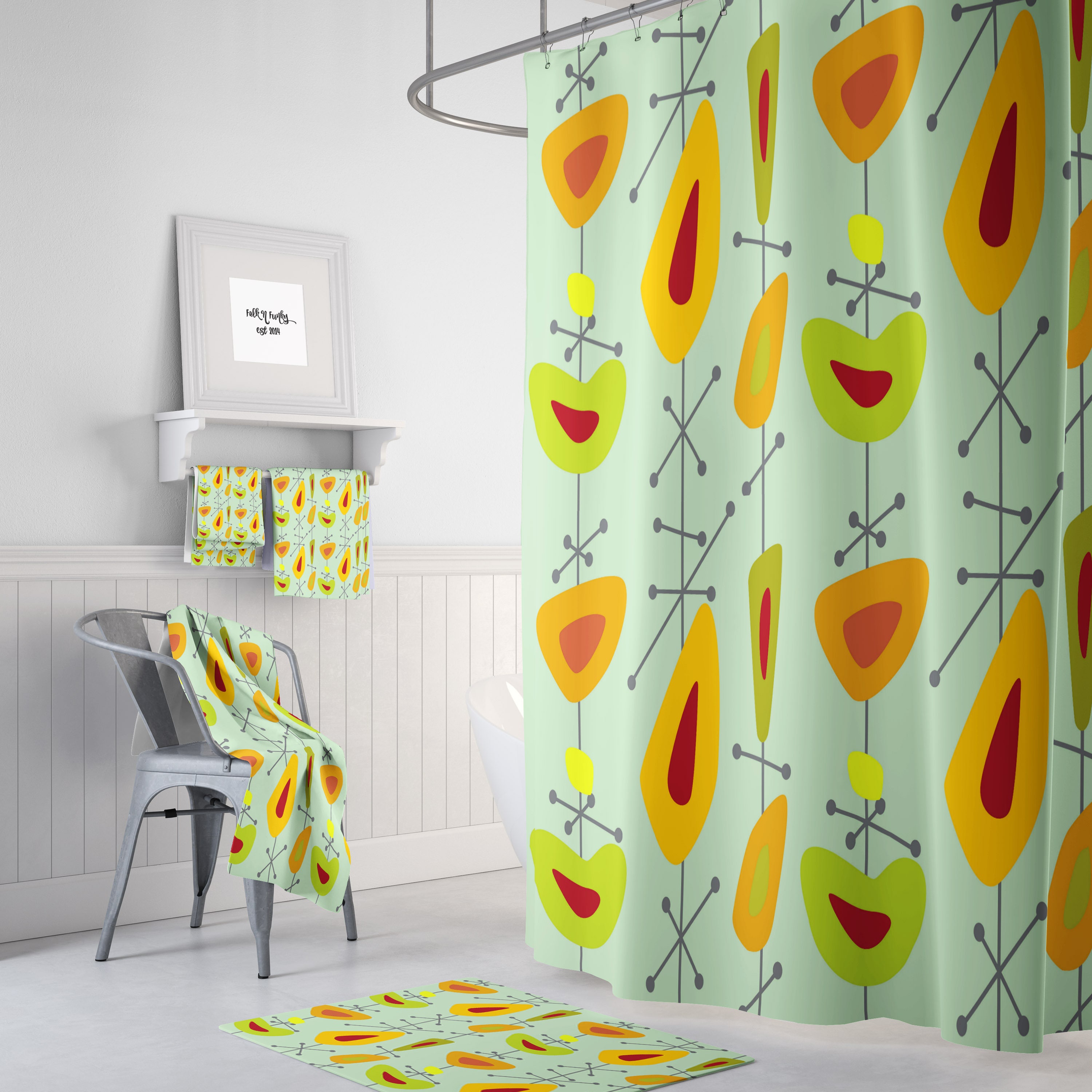 Mid Century Abstract Shower Curtain and/or Bathroom Set with Retro and Chic Design