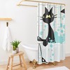 Mid Century Atomic Cat Retro Shower Curtain with Kitschy Watercolor Cartoon Effect in Aqua Blue