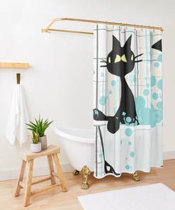 Mid Century Atomic Cat Retro Shower Curtain with Kitschy Watercolor Cartoon Effect in Aqua Blue