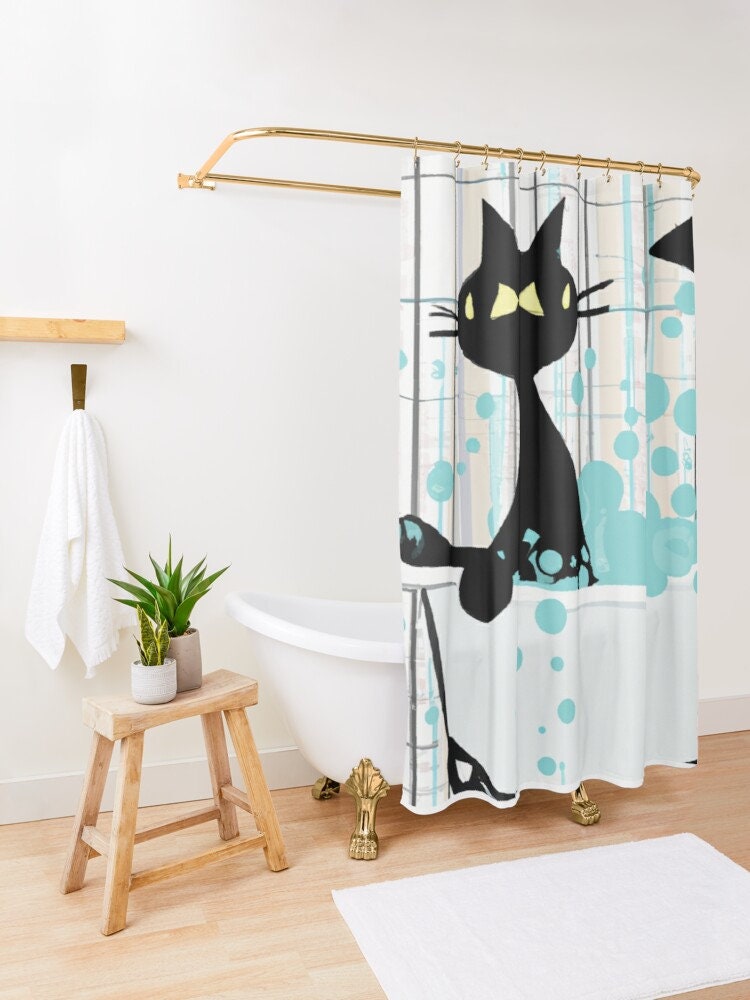 Mid Century Atomic Cat Retro Shower Curtain with Kitschy Watercolor Cartoon Effect in Aqua Blue