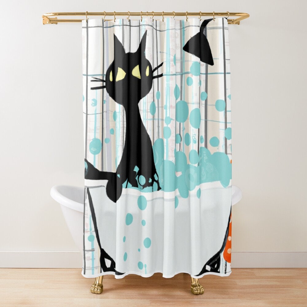 Mid Century Atomic Cat Retro Shower Curtain with Kitschy Watercolor Cartoon Effect in Aqua Blue - Image 2