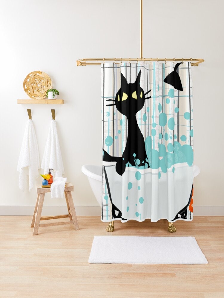 Mid Century Atomic Cat Retro Shower Curtain with Kitschy Watercolor Cartoon Effect in Aqua Blue - Image 3