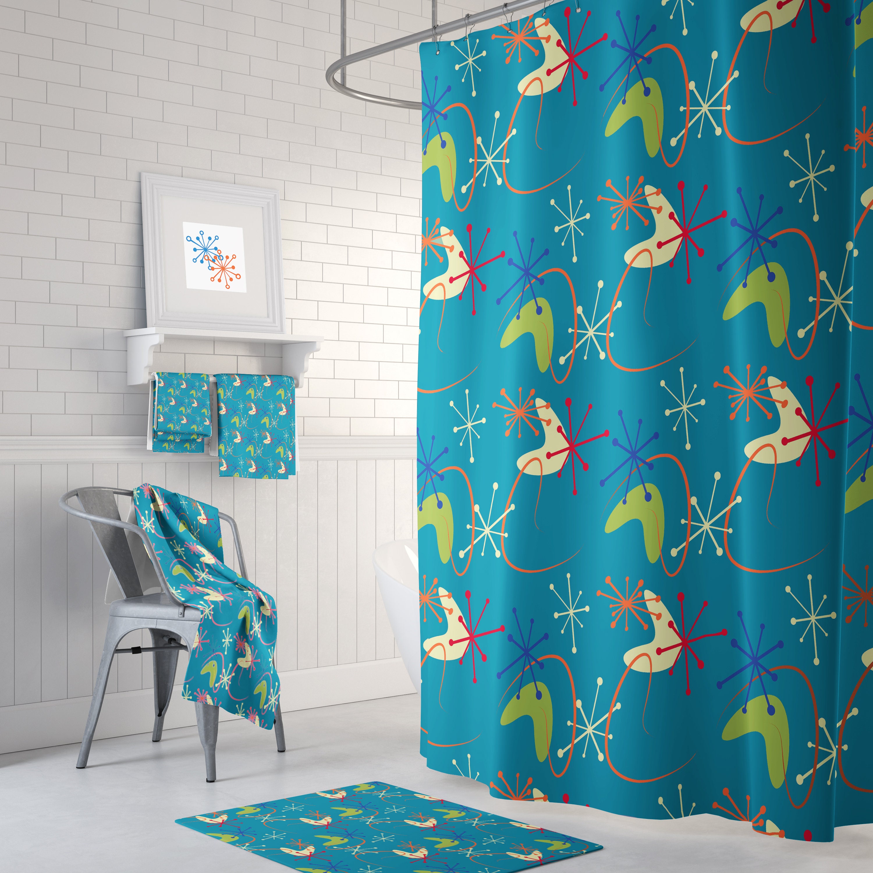 Mid Century Atomic Shower Curtain Set with Retro Bath Accessories