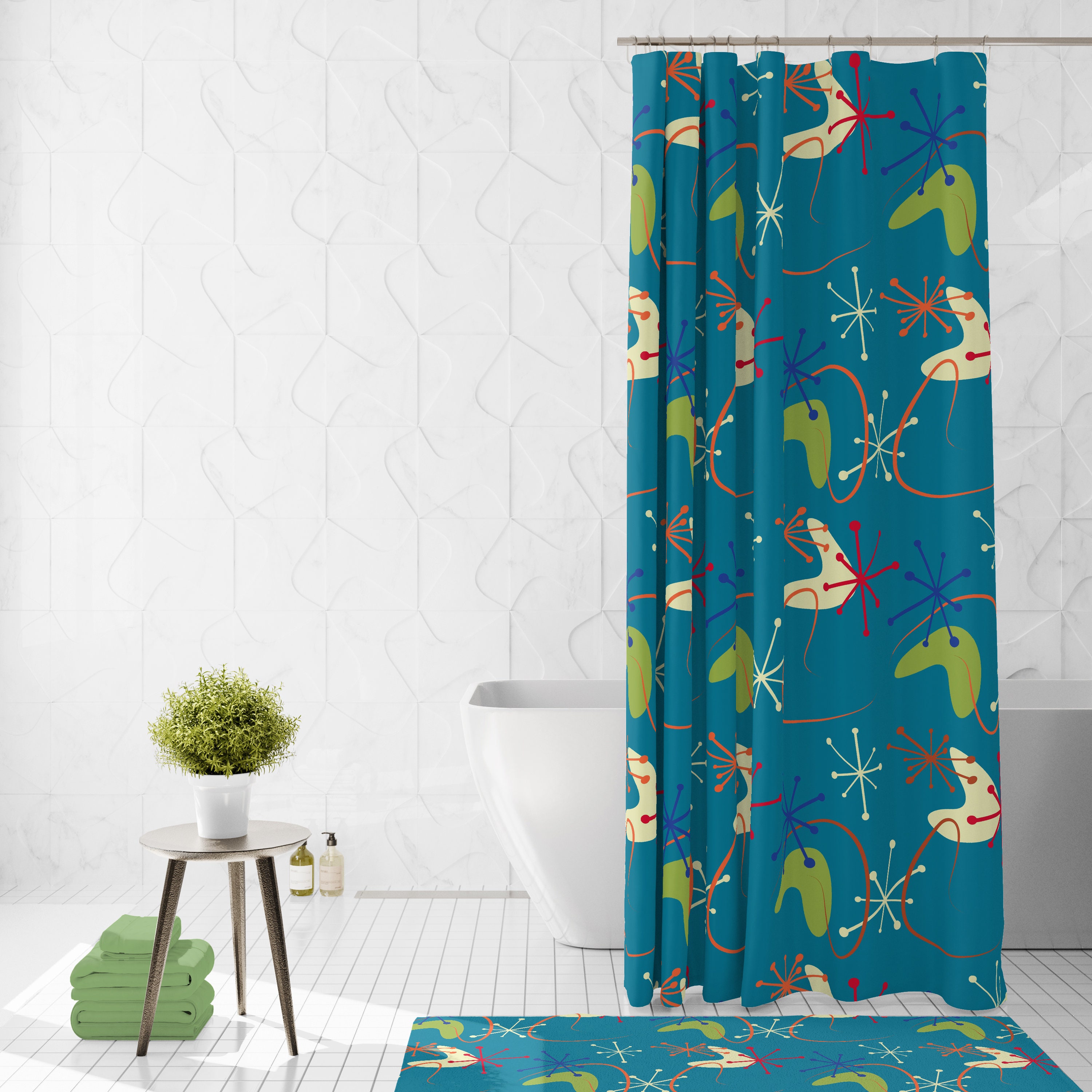 Mid Century Atomic Shower Curtain Set with Retro Bath Accessories - Image 2