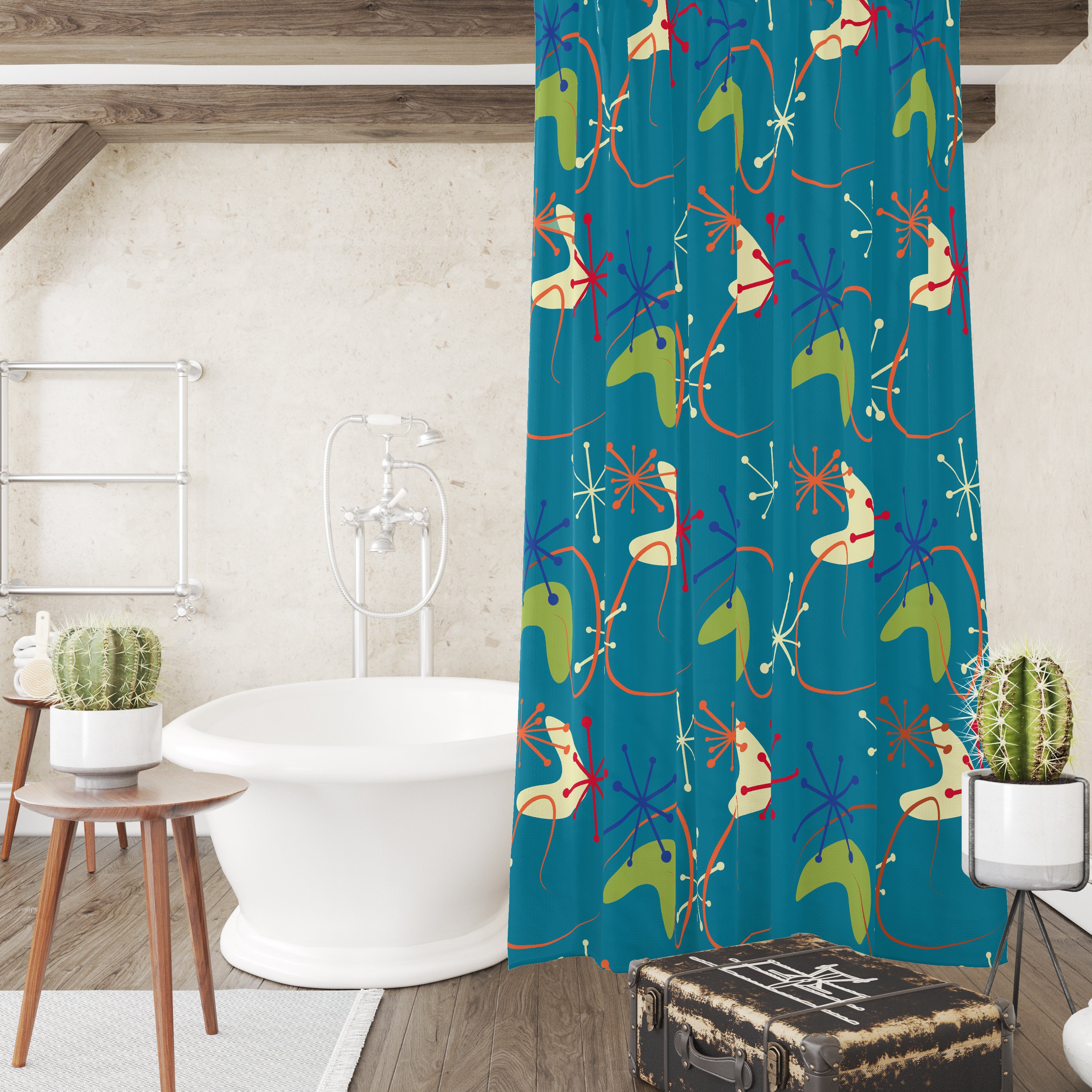 Mid Century Atomic Shower Curtain Set with Retro Bath Accessories - Image 3