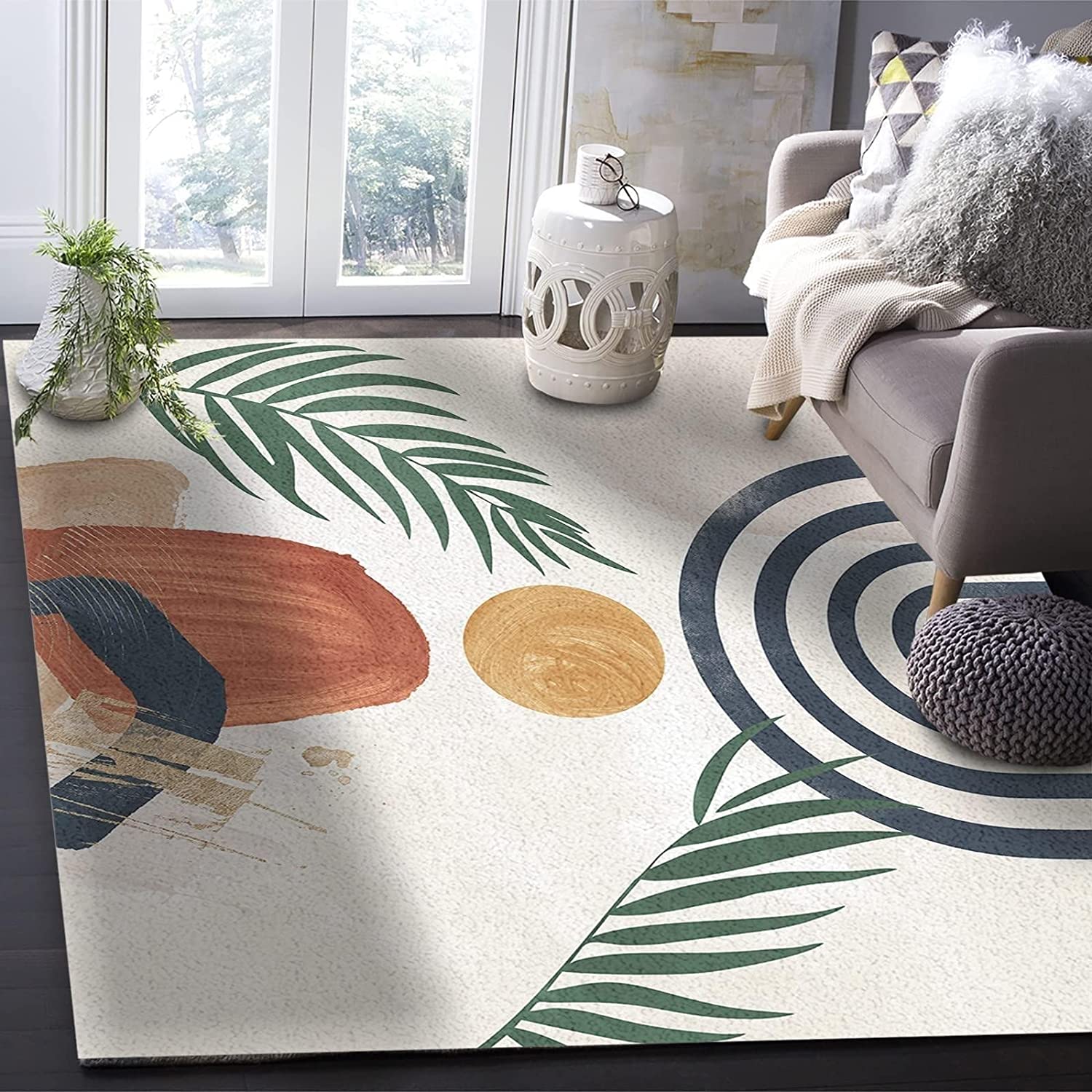Mid Century Boho Area Rugs with Abstract Arch Sun Geometric Art Indoor Non-Slip Kids Rug in 70s Style.