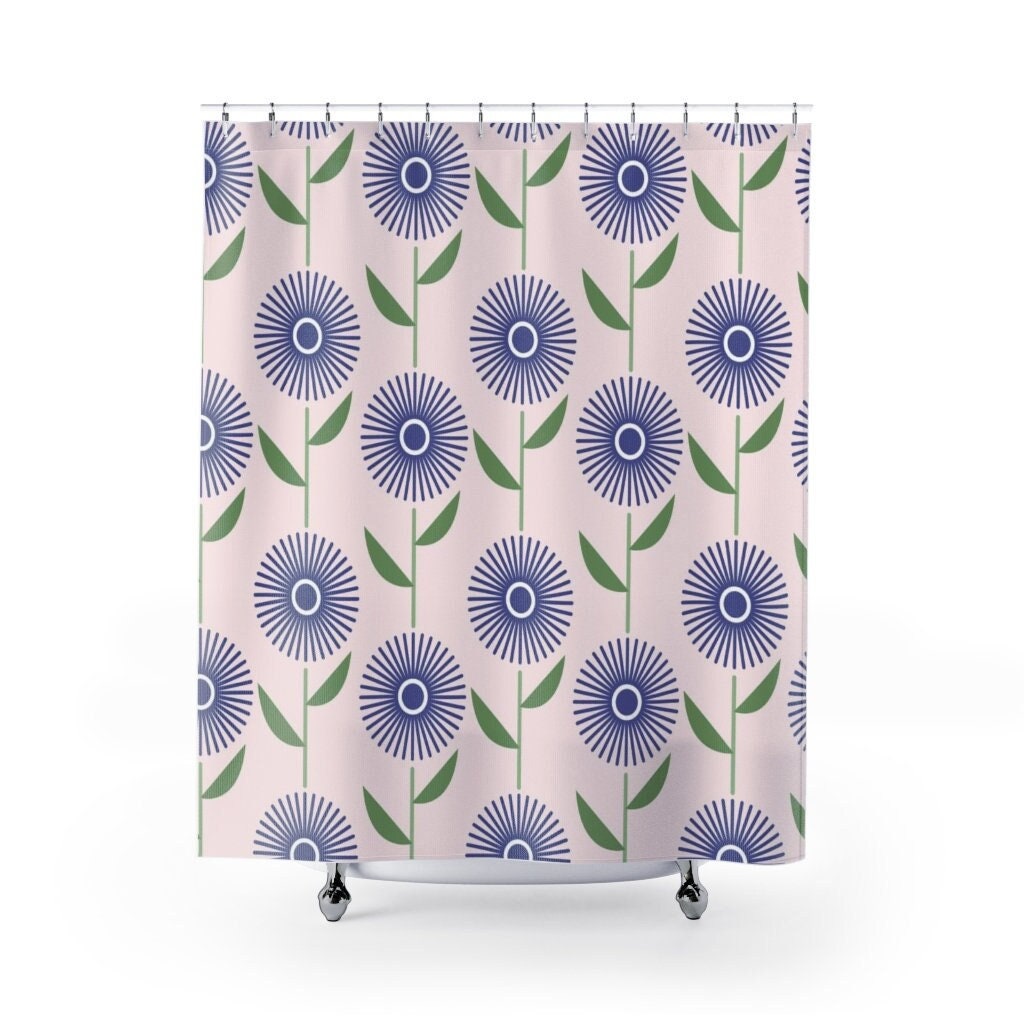 Mid Century Floral Shower Curtain | 70s Style Bath Curtain | 71 x 71 inch Curtain | College Dorm Bathroom Decor