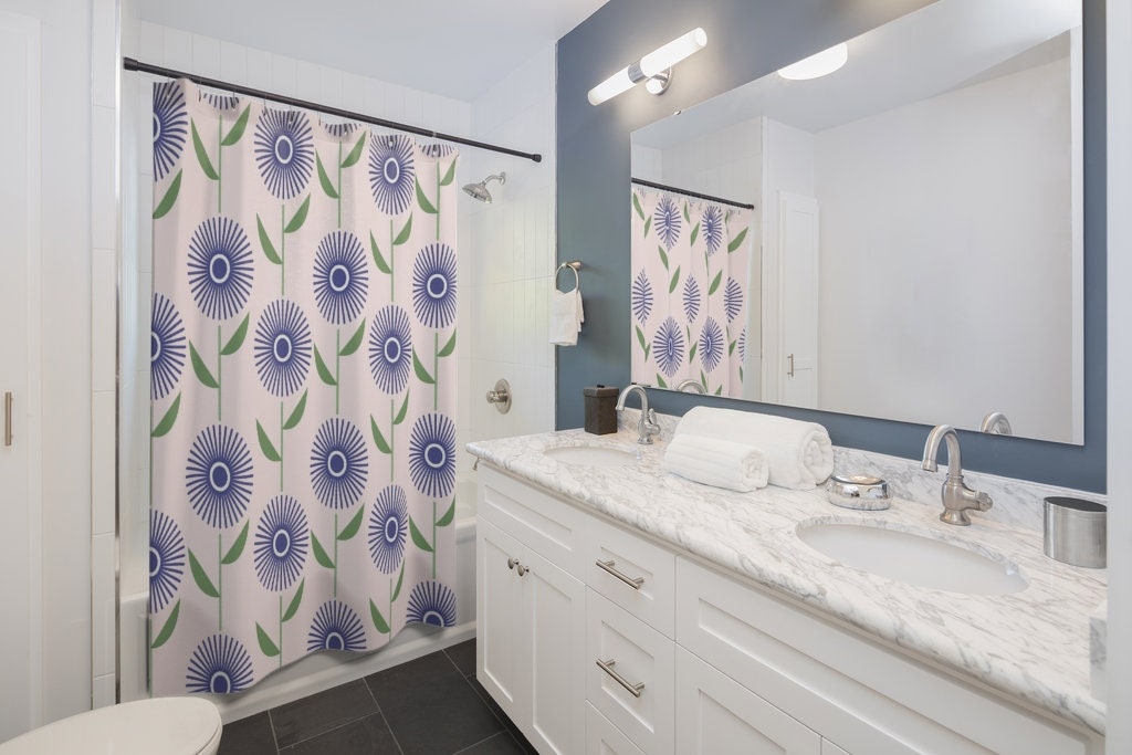 Mid Century Floral Shower Curtain | 70s Style Bath Curtain | 71 x 71 inch Curtain | College Dorm Bathroom Decor - Image 2