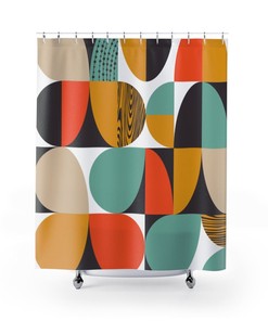 Mid Century Geometric Retro Boho MCM Home Decor Shower Curtain in Orange/Teal/Black/Mustard Yellow/Beige