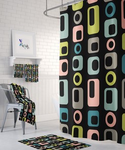 Mid Century Geometric Shower Curtain Black and/or Bathroom Set | vintage bathroom shower curtains