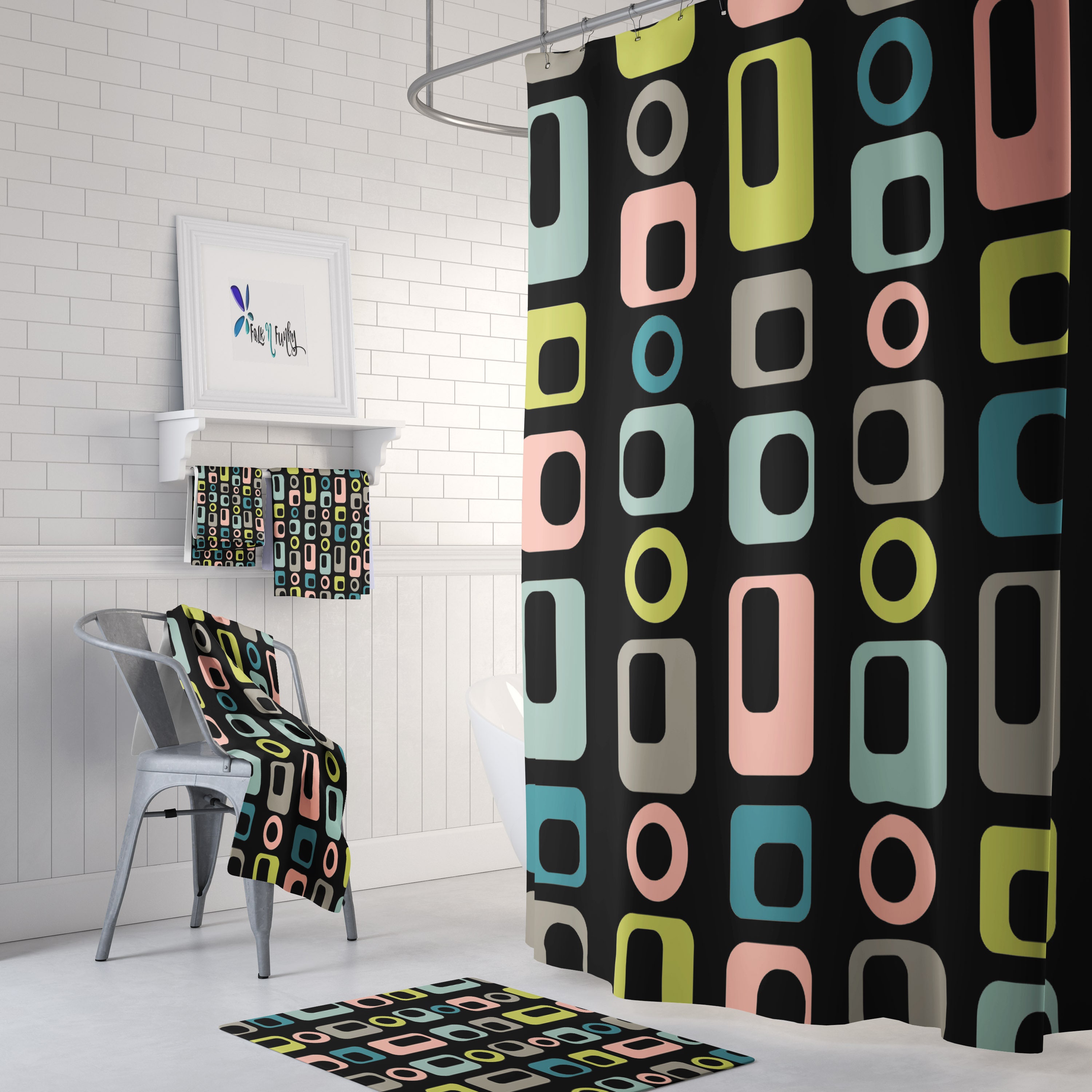 Mid Century Geometric Shower Curtain Black and/or Bathroom Set | vintage bathroom shower curtains