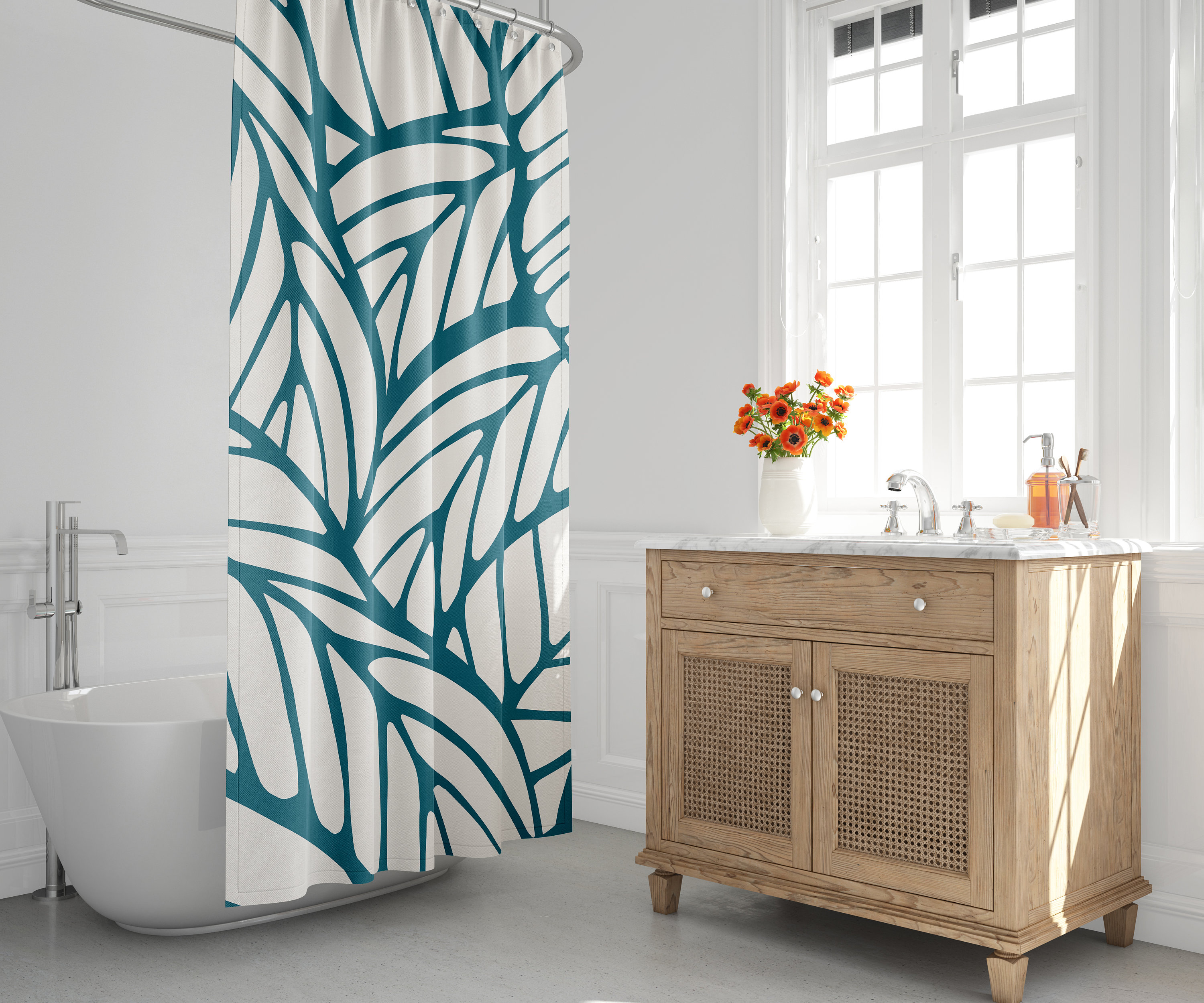 Mid Century Modern Abstract Shower Curtain - Leafs, Botanical, and Foliage with Tropical and Emerald Design