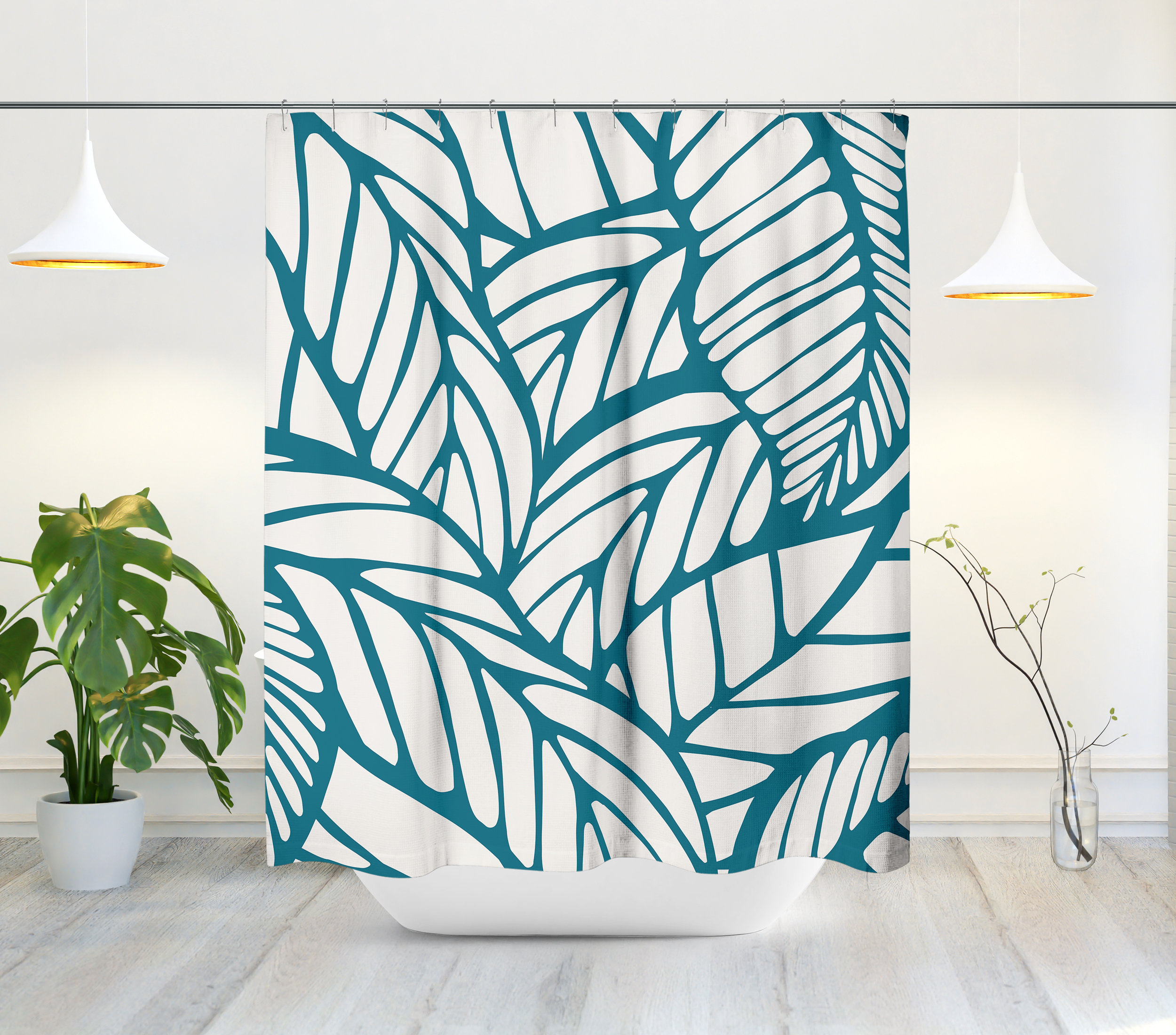 Mid Century Modern Abstract Shower Curtain - Leafs, Botanical, and Foliage with Tropical and Emerald Design - Image 2