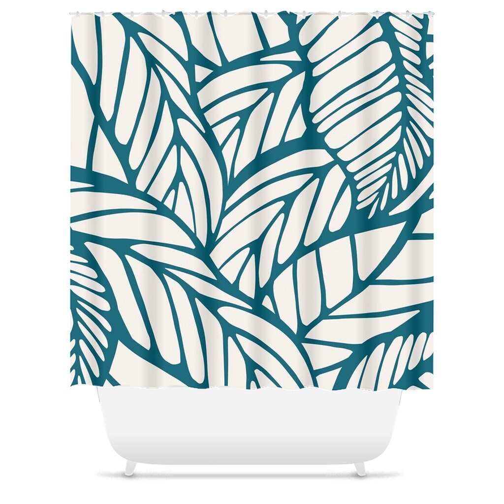 Mid Century Modern Abstract Shower Curtain - Leafs, Botanical, and Foliage with Tropical and Emerald Design - Image 3