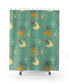 Mid Century Modern Atomic Boomerang Blue Grass Retro MCM Home Decor Shower Curtain with Modern Appeal