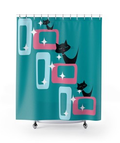 Mid Century Modern Atomic Cat Shower Curtain with Retro