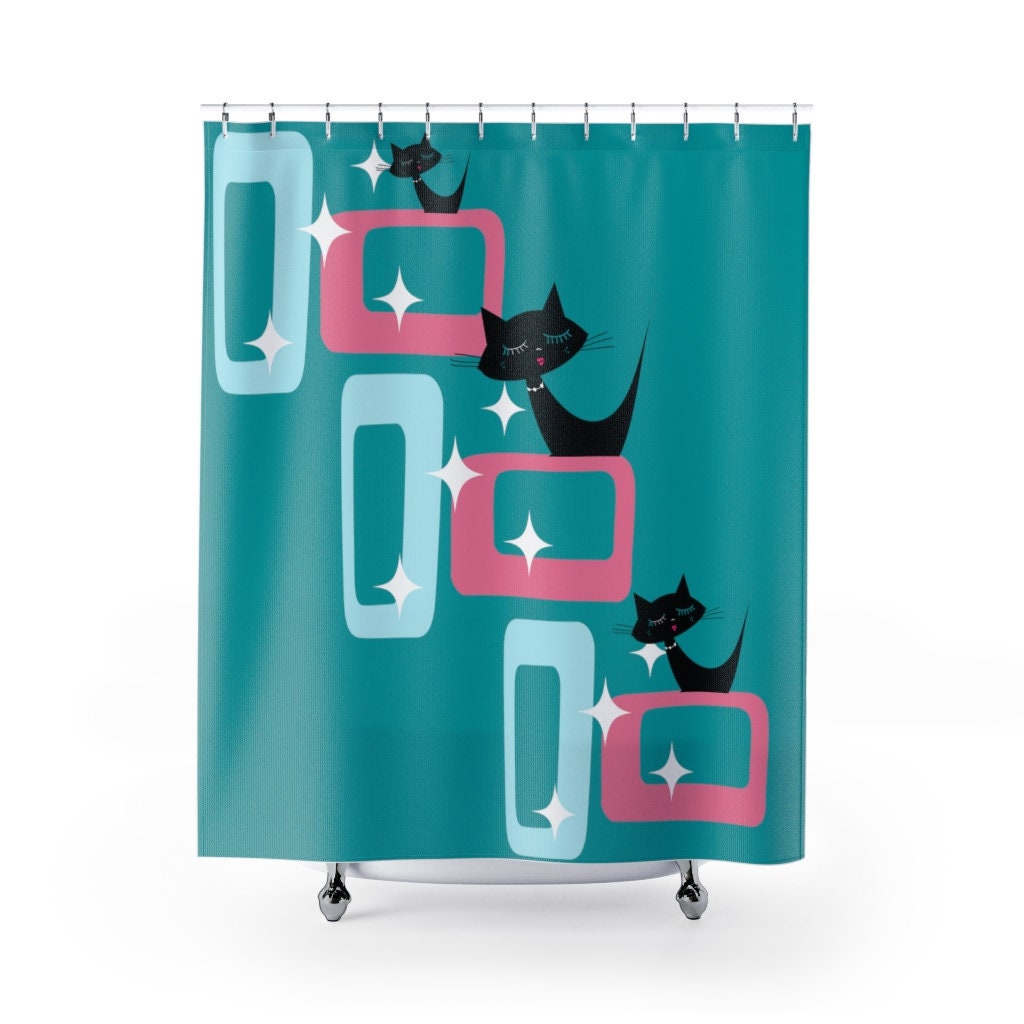 Mid Century Modern Atomic Cat Shower Curtain with Retro