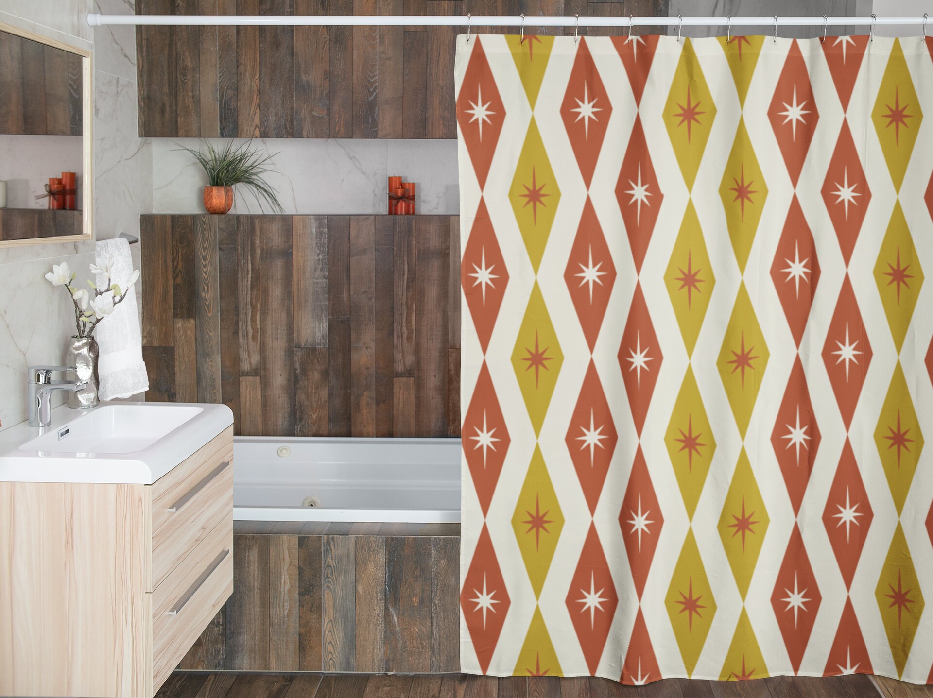 Mid Century Modern Atomic Diamonds Shower Curtain, Retro Bathroom Accessory for MCM Fans