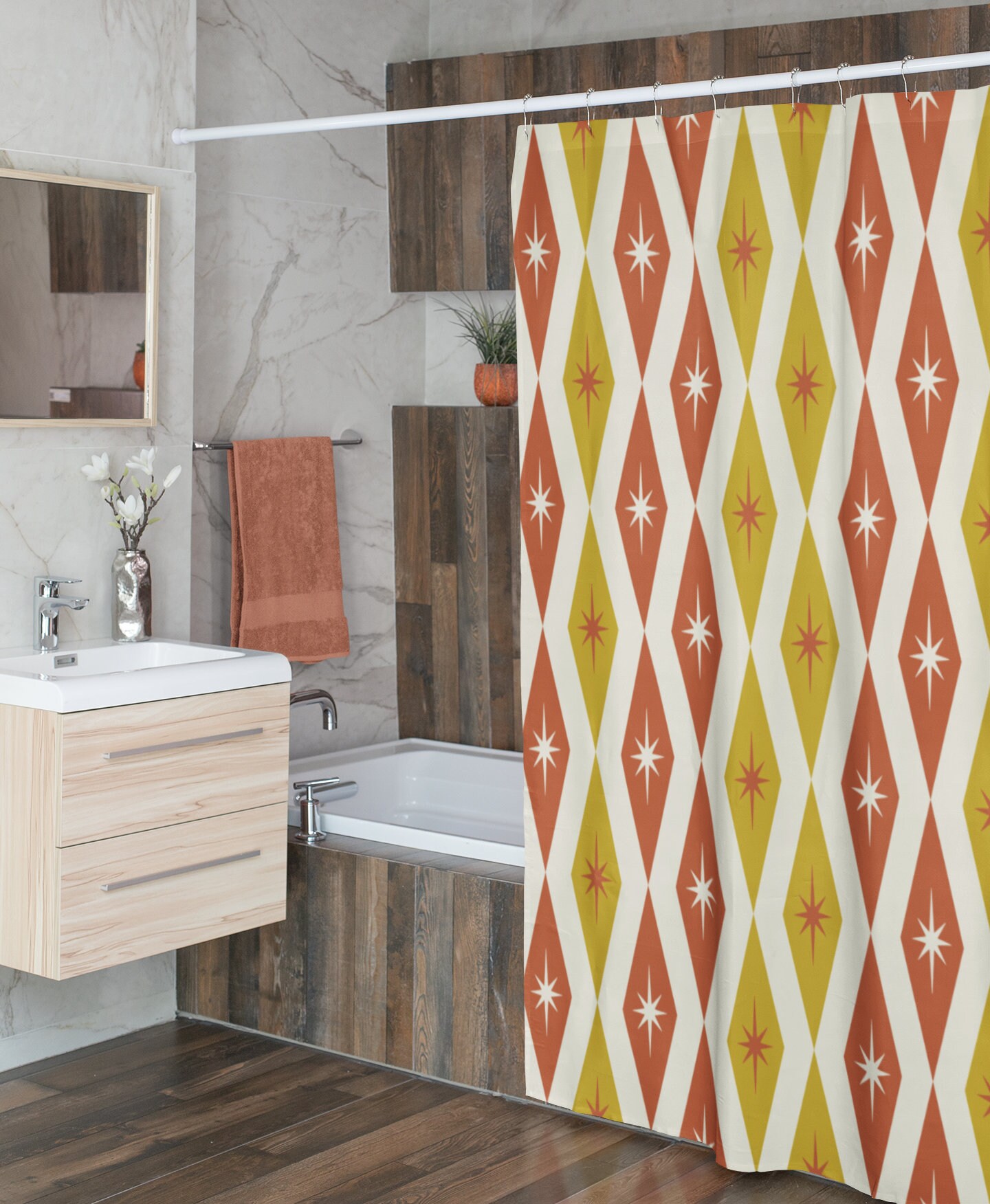 Mid Century Modern Atomic Diamonds Shower Curtain, Retro Bathroom Accessory for MCM Fans - Image 4