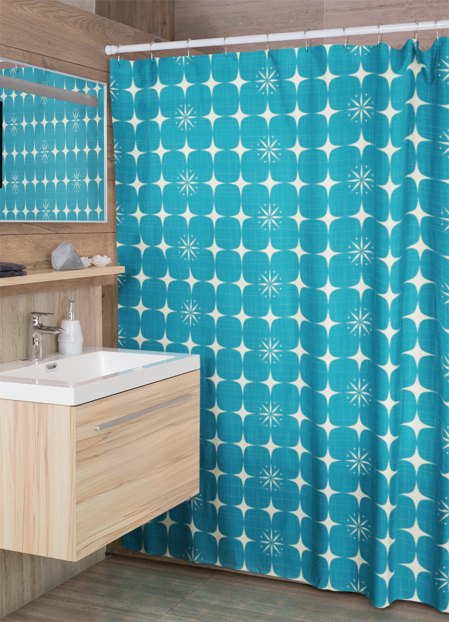 Mid Century Modern Atomic Diamonds Shower Curtain, Retrowave Bathroom Accessory for MCM Fans