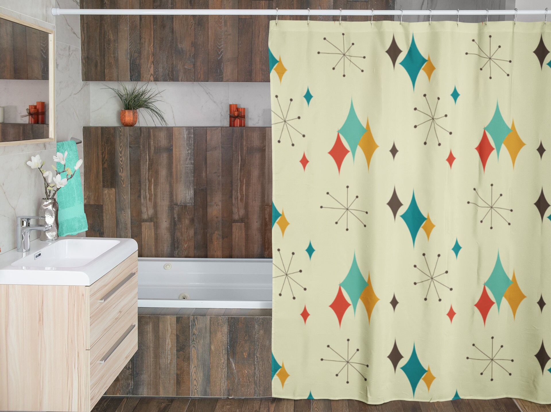 Mid Century Modern Atomic Diamonds Shower Curtain, Retrowave Bathroom Accessory for MCM Fans