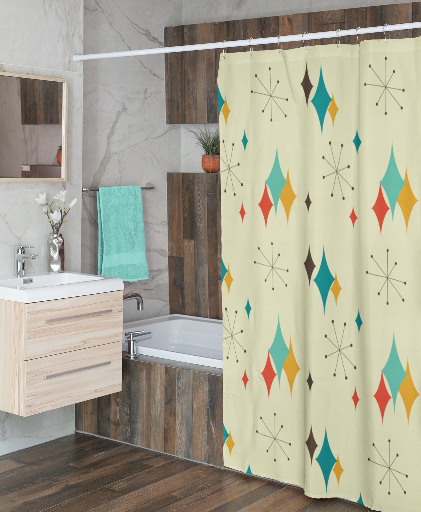 Mid Century Modern Atomic Diamonds Shower Curtain, Retrowave Bathroom Accessory for MCM Fans - Image 2