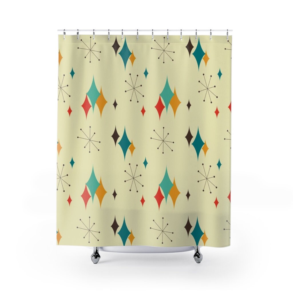 Mid Century Modern Atomic Diamonds Shower Curtain, Retrowave Bathroom Accessory for MCM Fans - Image 3