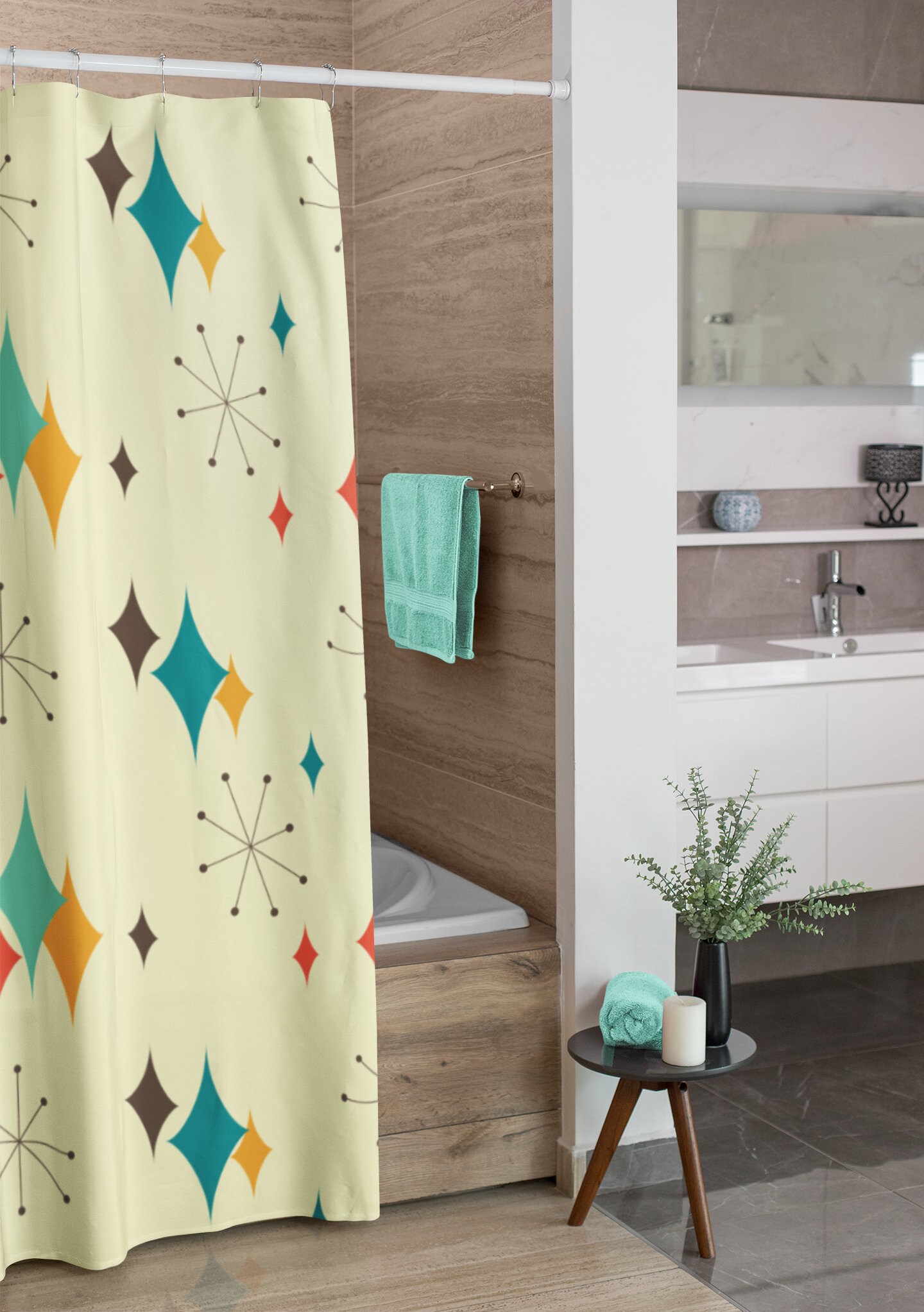 Mid Century Modern Atomic Diamonds Shower Curtain, Retrowave Bathroom Accessory for MCM Fans - Image 4