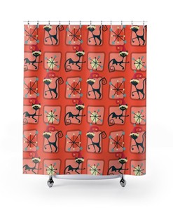 Mid Century Modern Atomic Kitty Christmas Shower Curtain, Festive Bathroom Decor