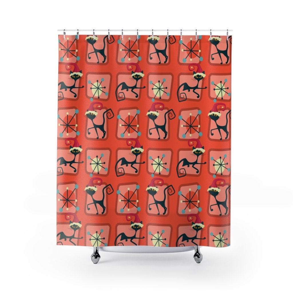 Mid Century Modern Atomic Kitty Christmas Shower Curtain, Festive Bathroom Decor