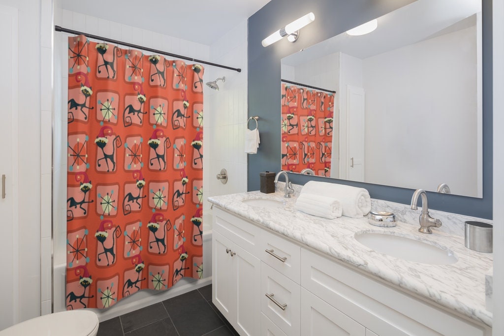 Mid Century Modern Atomic Kitty Christmas Shower Curtain, Festive Bathroom Decor - Image 2
