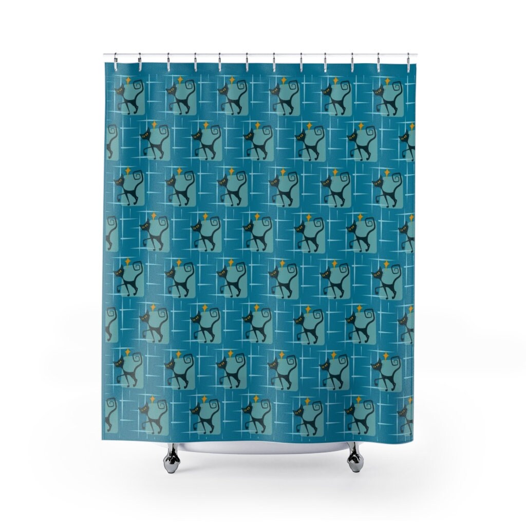 Mid Century Modern Atomic Kitty Shower Curtain, Vintage Bathroom Decor