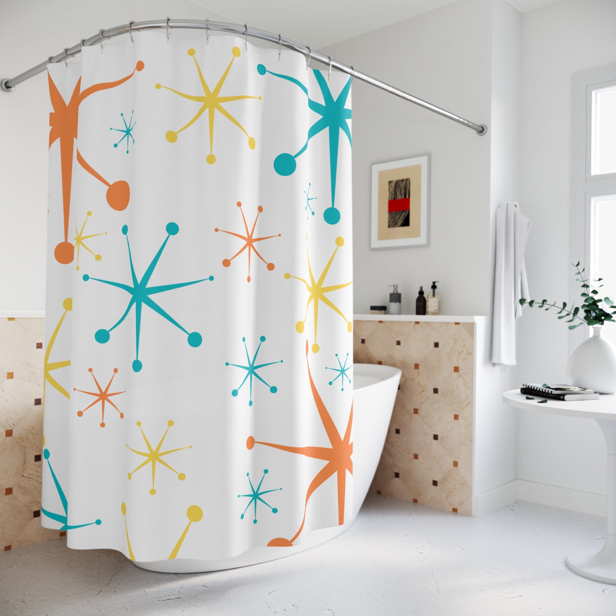 Mid Century Modern Atomic Stars Shower Curtain, Create a Retro and Fun Atmosphere in Your Bathroom