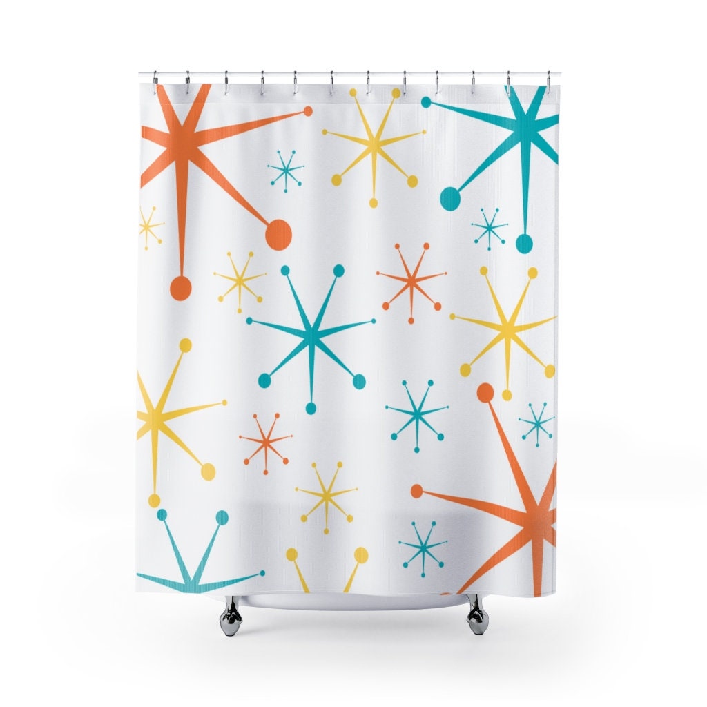 Mid Century Modern Atomic Stars Shower Curtain, Create a Retro and Fun Atmosphere in Your Bathroom - Image 2