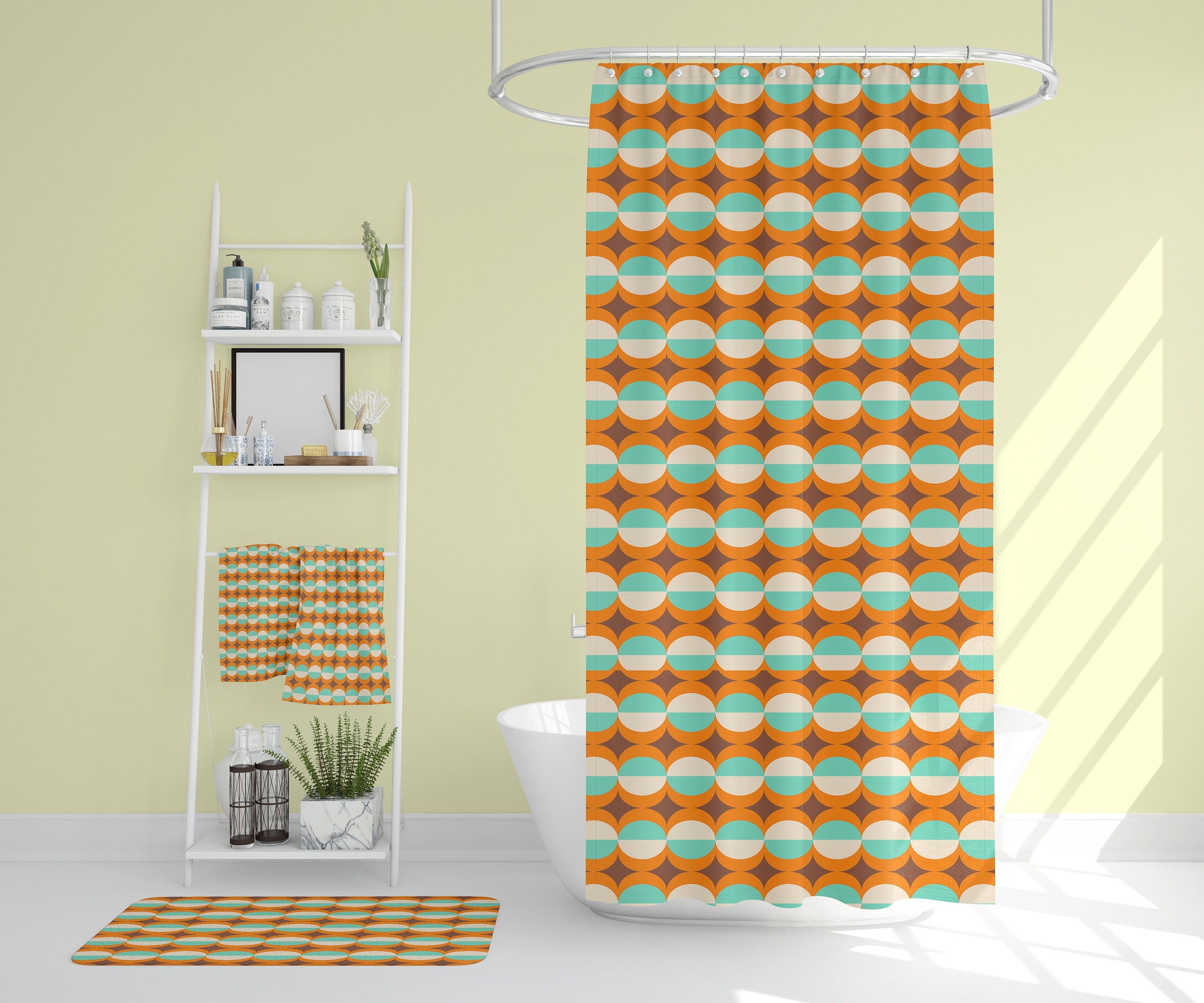 Mid Century Modern Bath Accessory Set, Waffle Weave Shower Curtain and Towels