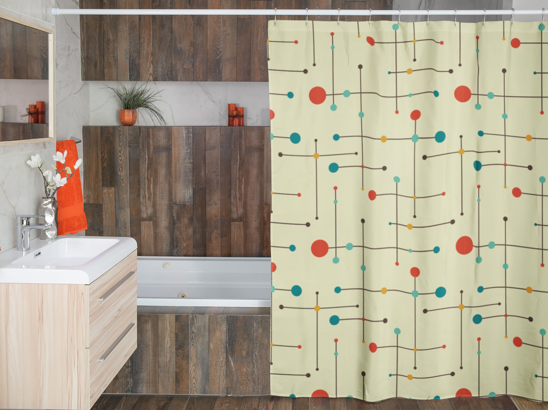 Mid Century Modern Bath Set, Waffle Weave Shower Curtain, Hand Towel, Bath Towel, Retro Accessories