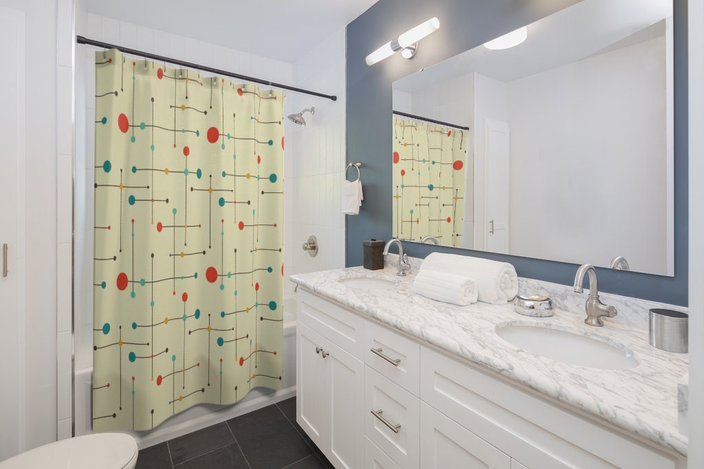 Mid Century Modern Bath Set, Waffle Weave Shower Curtain, Hand Towel, Bath Towel, Retro Accessories - Image 3