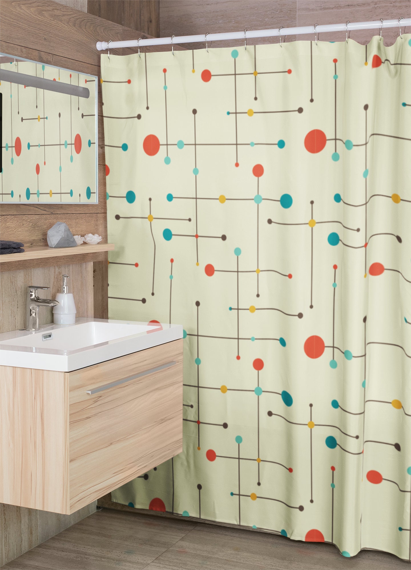 Mid Century Modern Bath Set, Waffle Weave Shower Curtain, Hand Towel, Bath Towel, Retro Accessories - Image 4