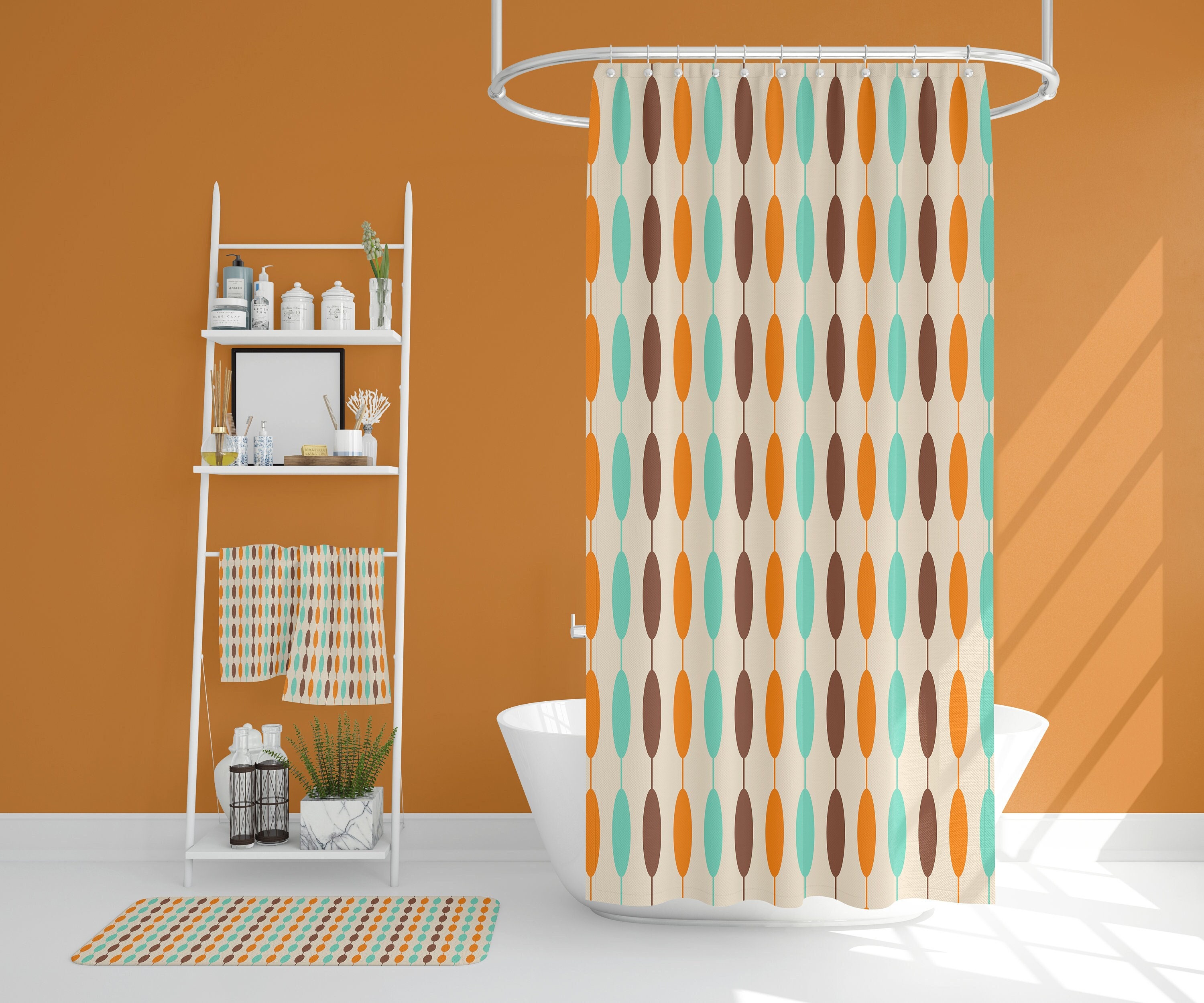 Mid Century Modern Bathroom Set, Waffle Weave Shower Curtain, Hand Towel, Bath Towel, Retro Accessories