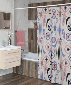 Mid Century Modern Beige Shower Curtain, Atomic Star Bathroom Decor, Retro Bathroom Accessory