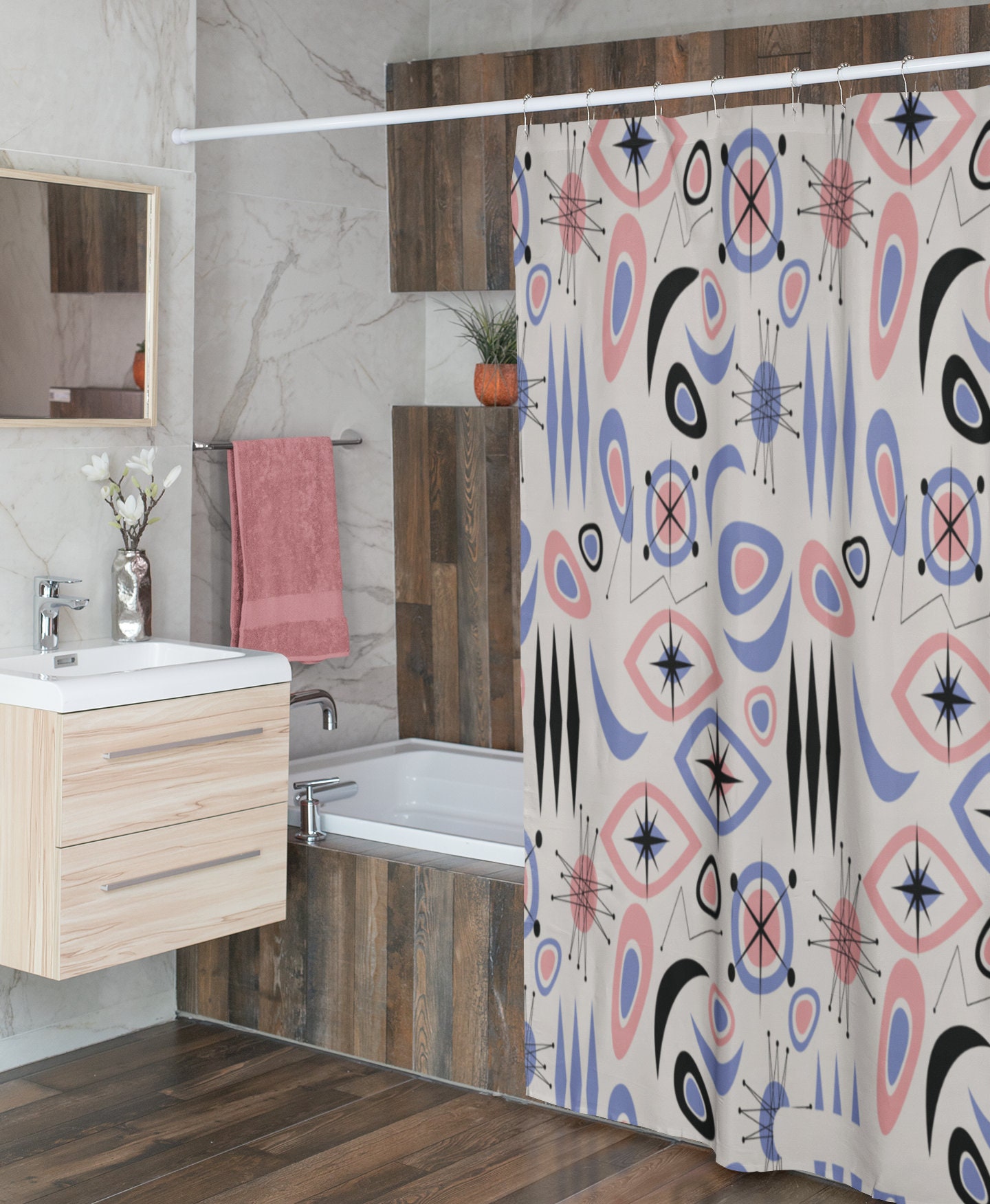 Mid Century Modern Beige Shower Curtain, Atomic Star Bathroom Decor, Retro Bathroom Accessory