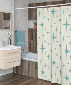 Mid Century Modern Blue Shower Curtain, Atomic Star Bathroom Decor, Retro Bathroom Accessory