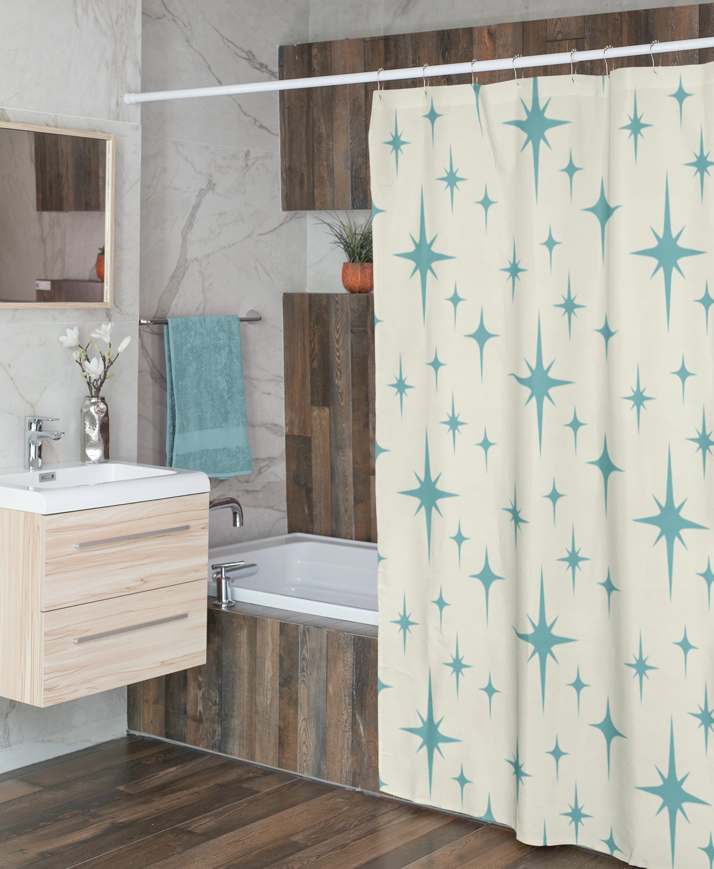 Mid Century Modern Blue Shower Curtain, Atomic Star Bathroom Decor, Retro Bathroom Accessory