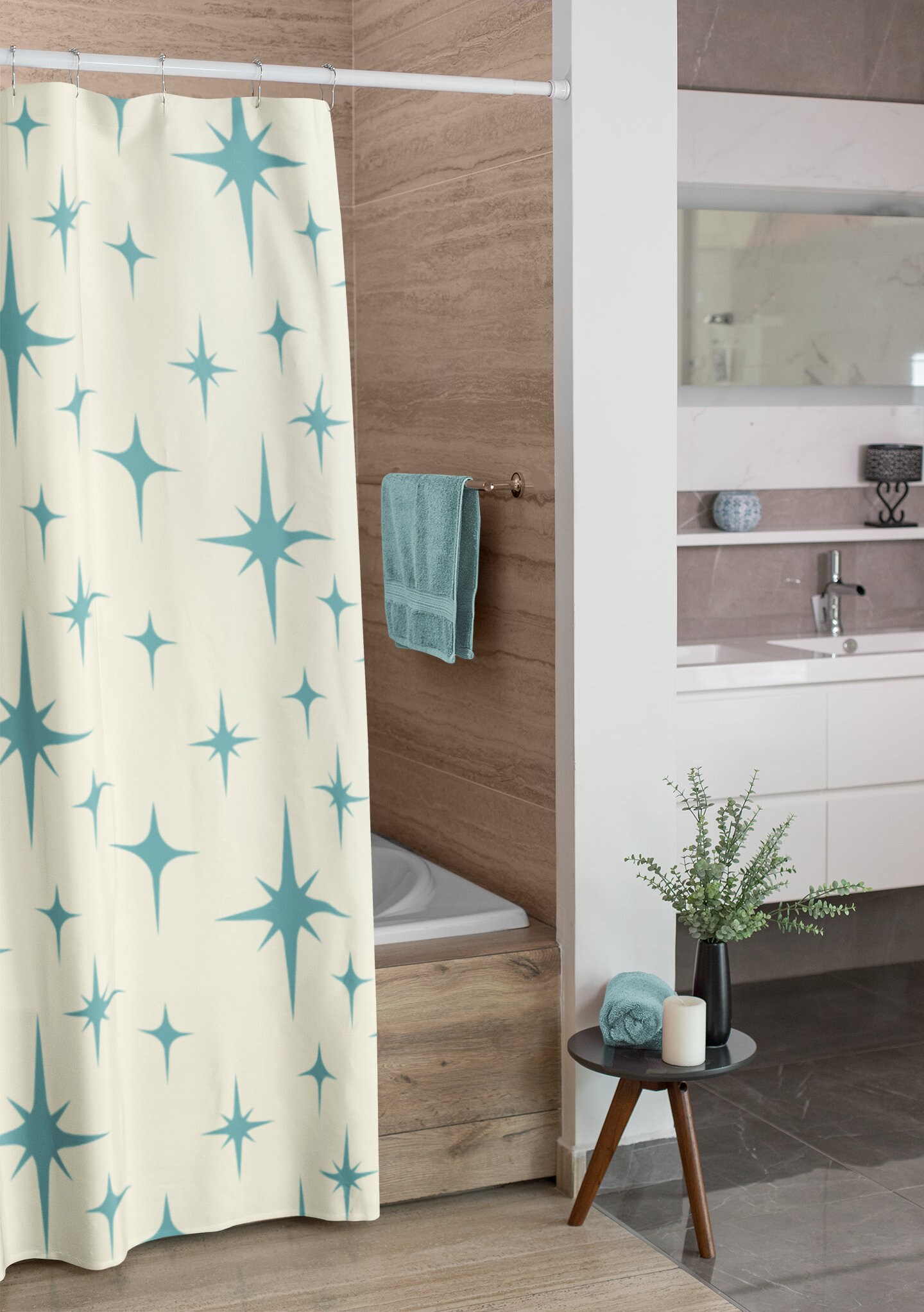 Mid Century Modern Blue Shower Curtain, Atomic Star Bathroom Decor, Retro Bathroom Accessory - Image 2