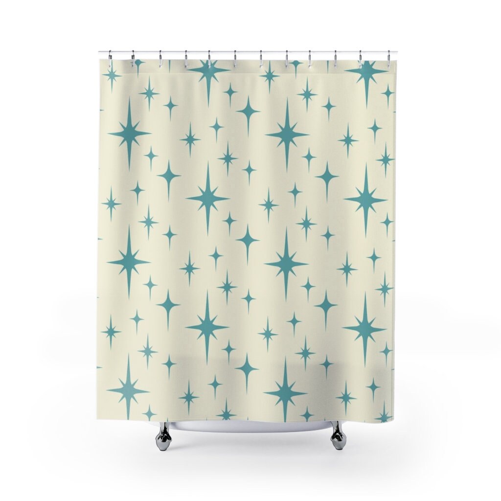 Mid Century Modern Blue Shower Curtain, Atomic Star Bathroom Decor, Retro Bathroom Accessory - Image 3