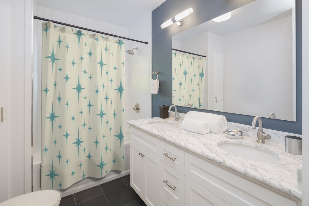 Mid Century Modern Blue Shower Curtain, Atomic Star Bathroom Decor, Retro Bathroom Accessory - Image 4