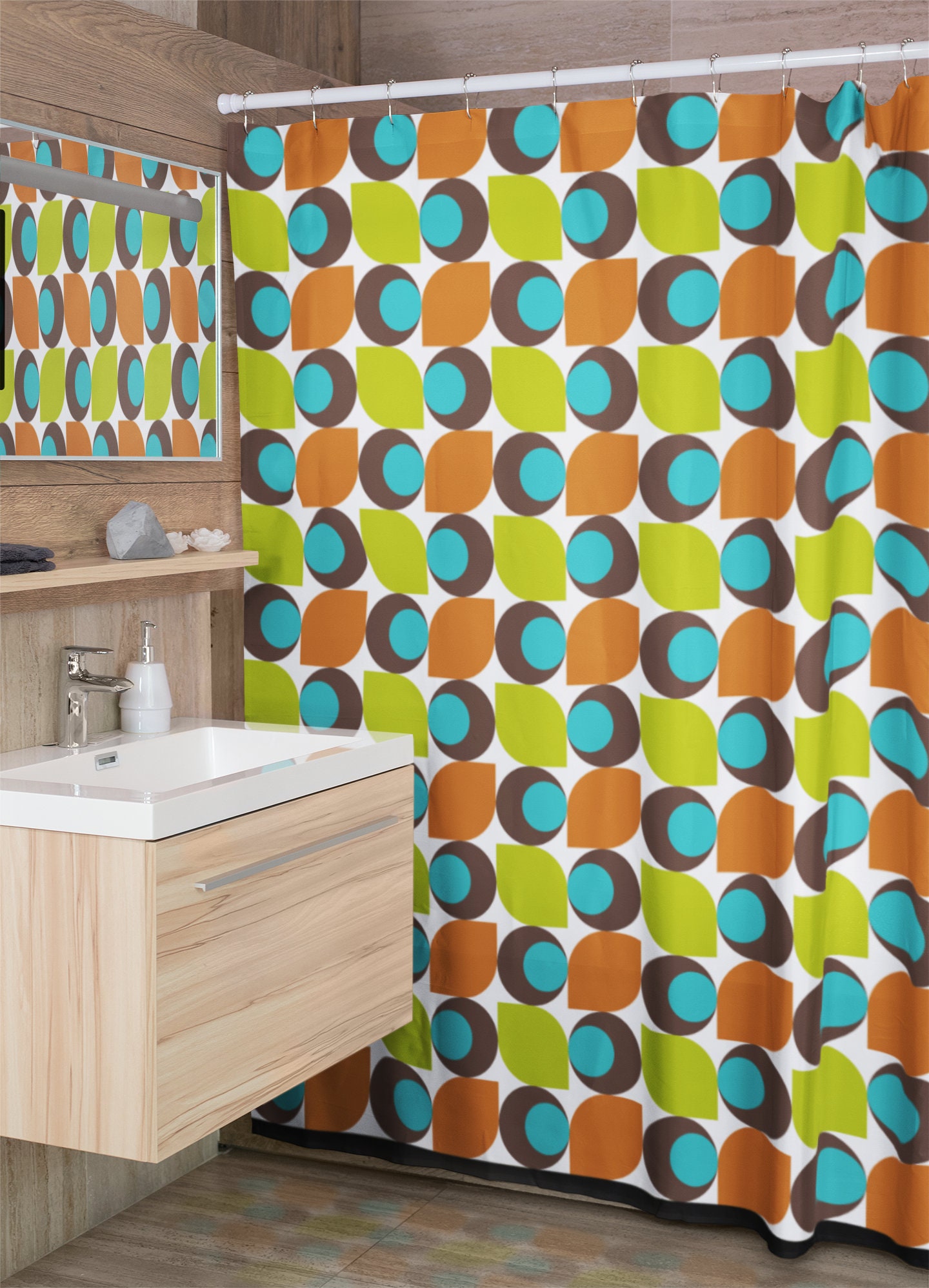 Mid Century Modern Blue Shower Curtain, Atomic Stars Bathroom Decor, Retro Bathroom Accessory