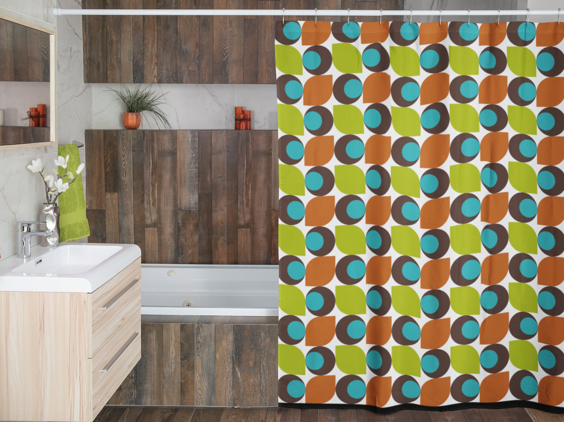 Mid Century Modern Blue Shower Curtain, Atomic Stars Bathroom Decor, Retro Bathroom Accessory - Image 2
